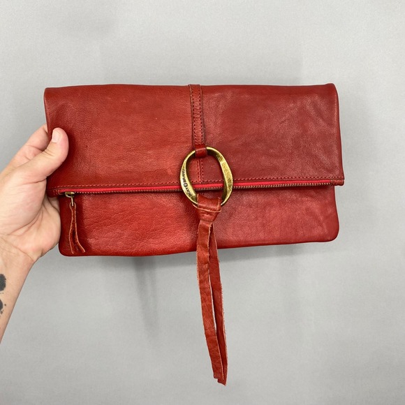 Lucky Brand Leather Clutch Bag Ring Accent Foldover Orange Red Bohemian - Picture 1 of 16